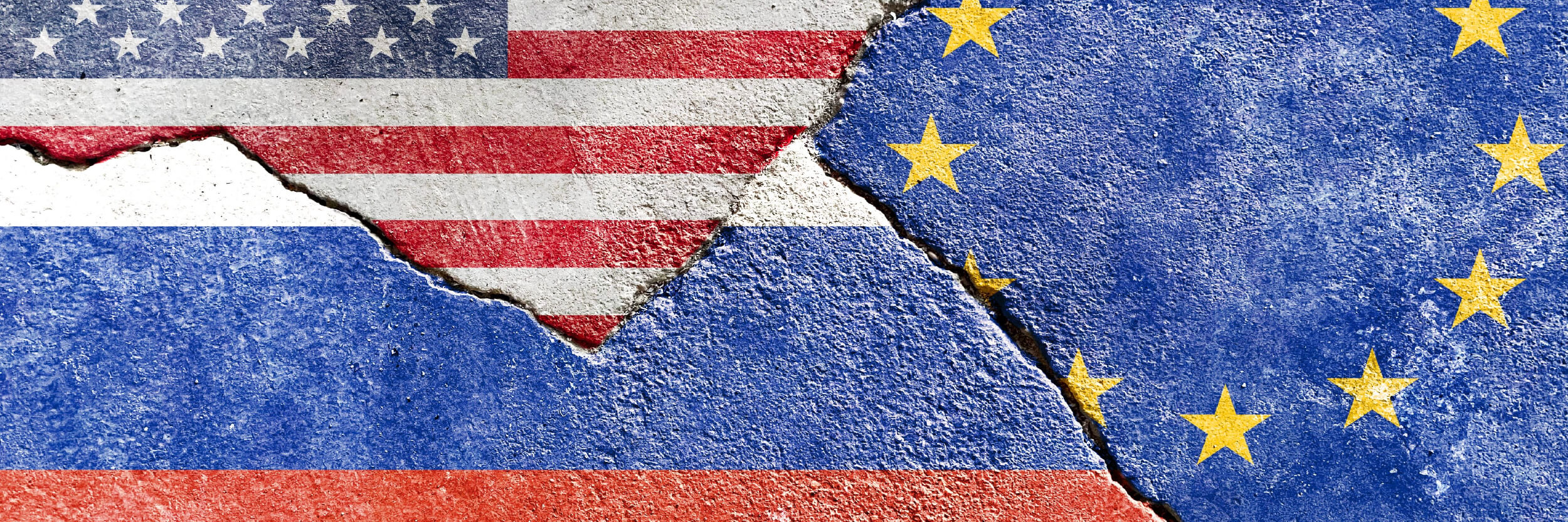 Faded US (United States) VS Russia VS EU (European Union) flags isolated on cracked wall background, abstract USA Russia Europe politics partnership relationship conflicts concept